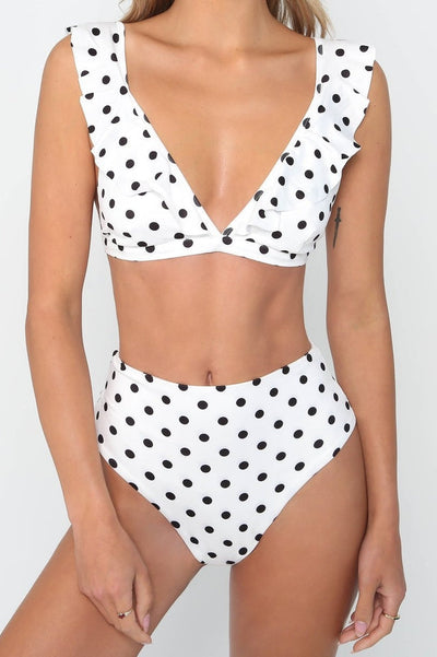 Puantiyeli Yüksek Bel Fırfırlı Bikini