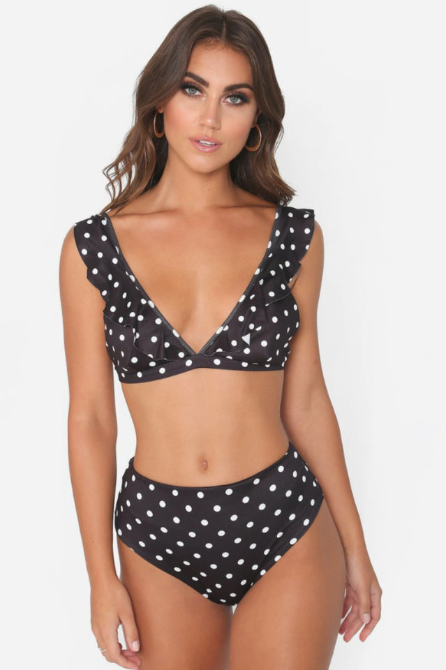 Puantiyeli Yüksek Bel Fırfırlı Bikini