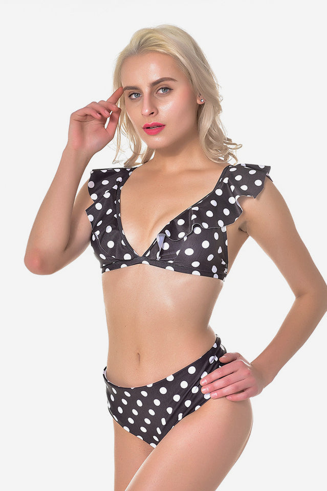Puantiyeli Yüksek Bel Fırfırlı Bikini