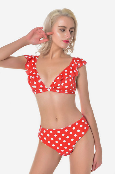 Puantiyeli Yüksek Bel Fırfırlı Bikini