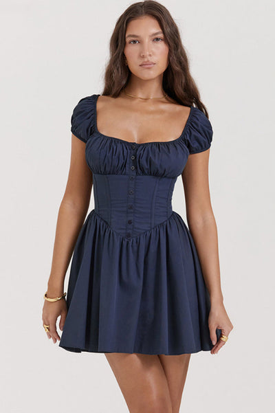Nala French Navy Gathered Mini Elbise
