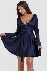 Dominique Navy Plunge Mini Elbise