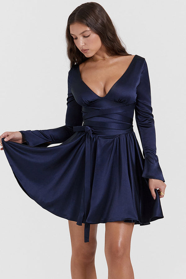 Dominique Navy Plunge Mini Elbise
