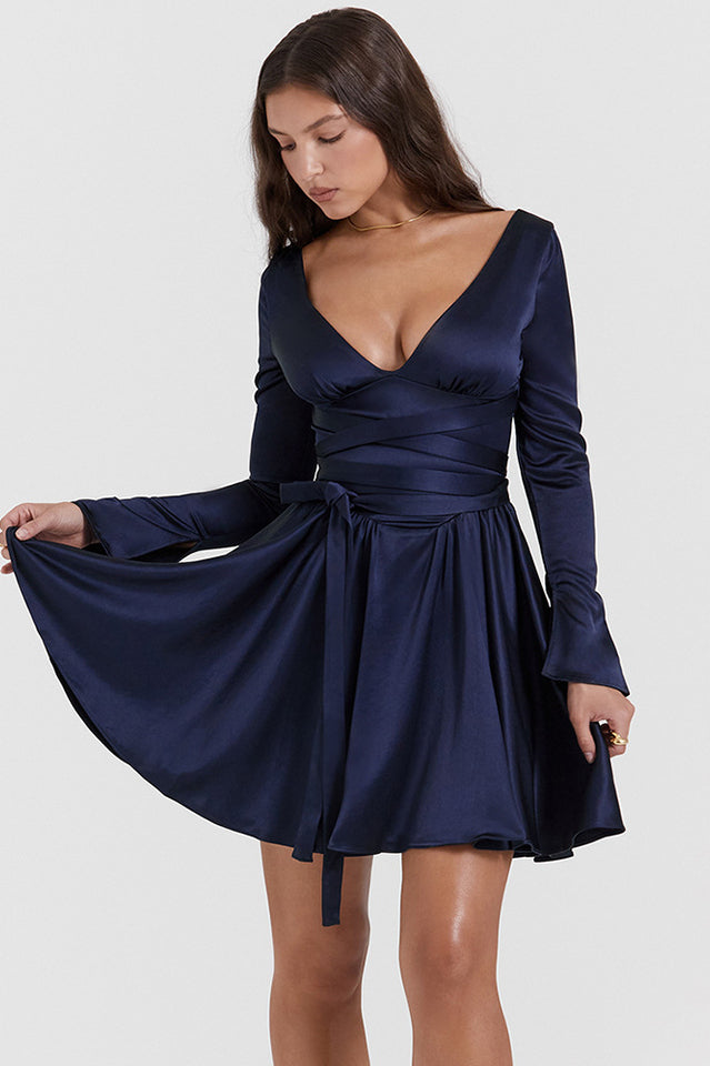 Dominique Navy Plunge Mini Elbise
