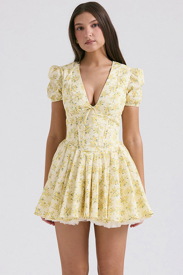 Faith Vintage Floral Pleated Mini Elbise