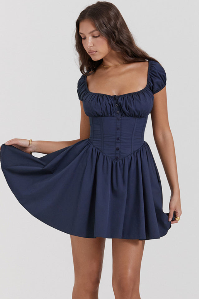Nala French Navy Gathered Mini Elbise