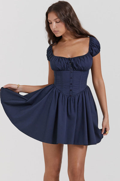 Nala French Navy Gathered Mini Elbise