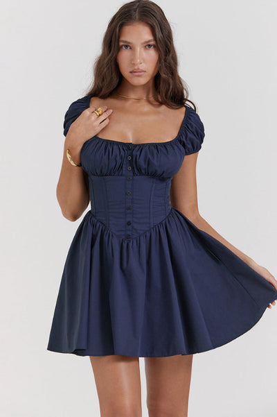 Nala French Navy Gathered Mini Elbise