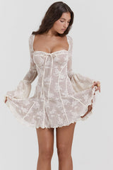 Vintage Cream Lace Belted Elbise