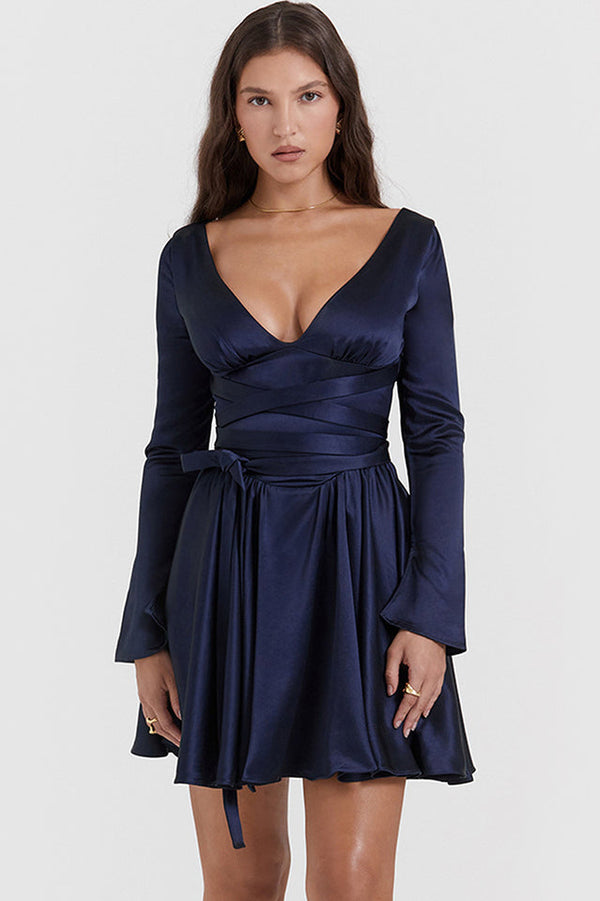 Dominique Navy Plunge Mini Elbise