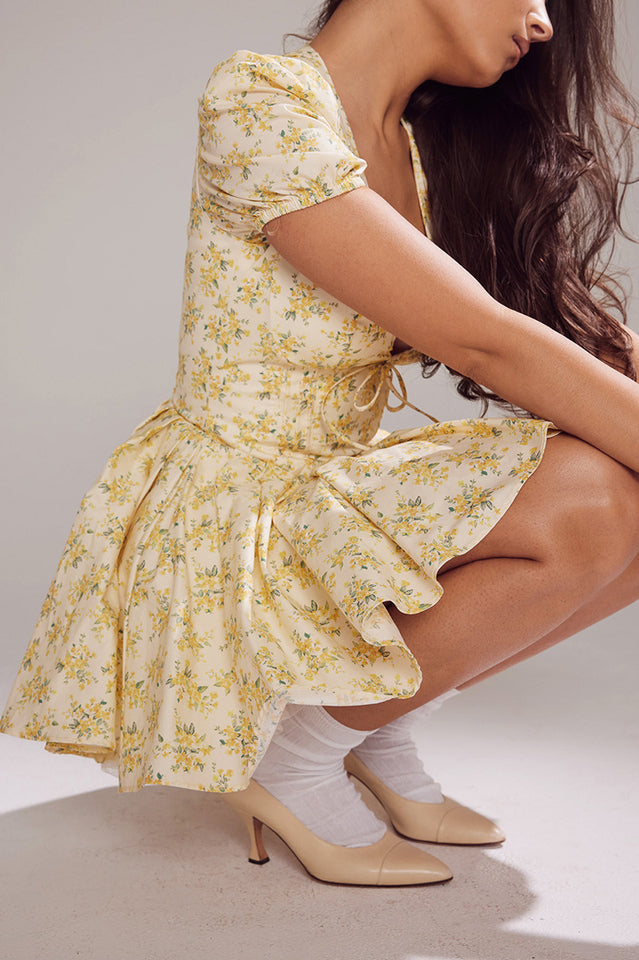 Faith Vintage Floral Pleated Mini Elbise
