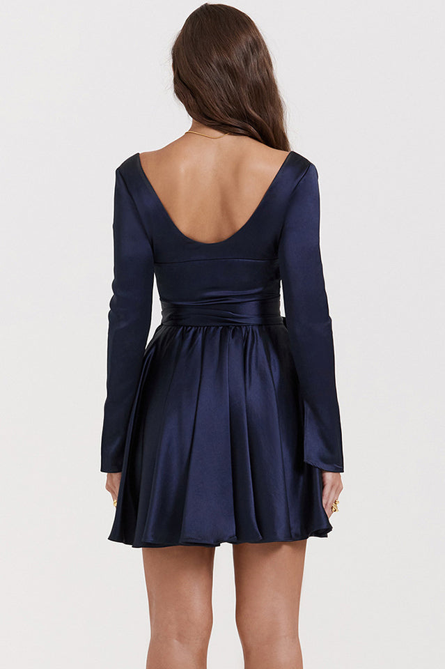 Dominique Navy Plunge Mini Elbise