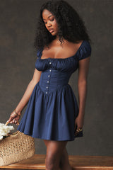 Nala French Navy Gathered Mini Elbise