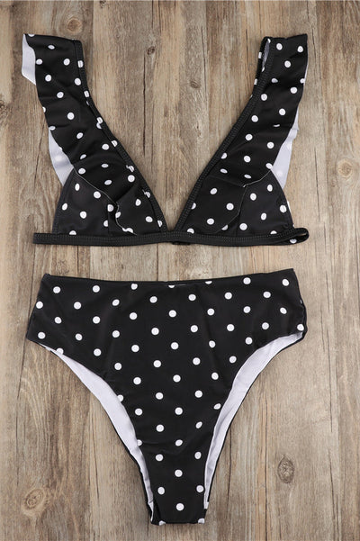 Puantiyeli Yüksek Bel Fırfırlı Bikini