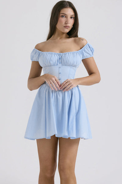 Nala French Navy Gathered Mini Elbise
