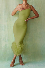 One Shoulder Halter Fur Swing Elbise