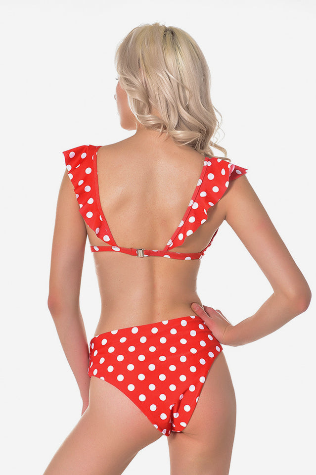 Puantiyeli Yüksek Bel Fırfırlı Bikini