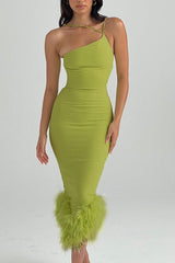 One Shoulder Halter Fur Swing Elbise