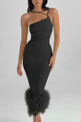 One Shoulder Halter Fur Swing Elbise
