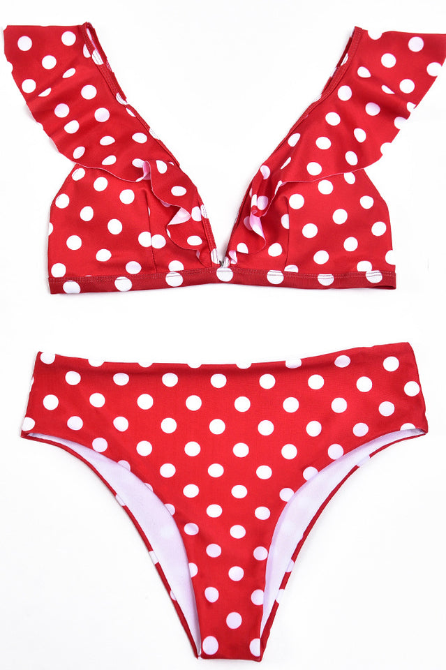 Puantiyeli Yüksek Bel Fırfırlı Bikini