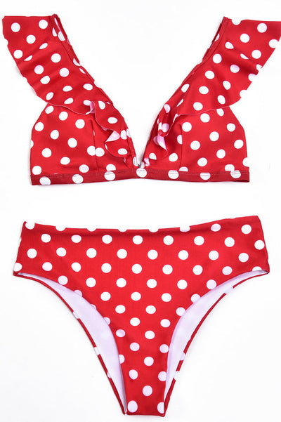 Puantiyeli Yüksek Bel Fırfırlı Bikini
