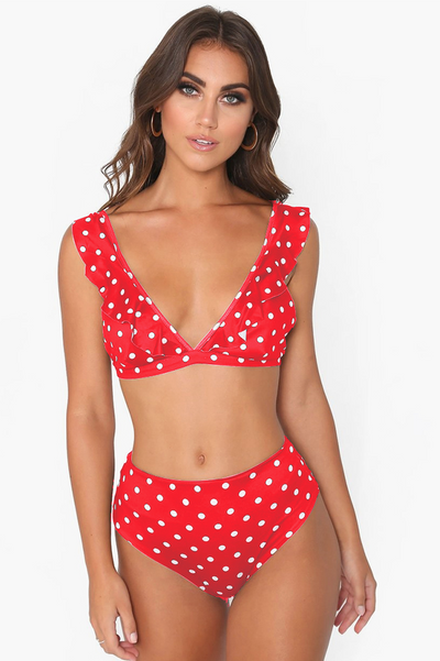 Puantiyeli Yüksek Bel Fırfırlı Bikini