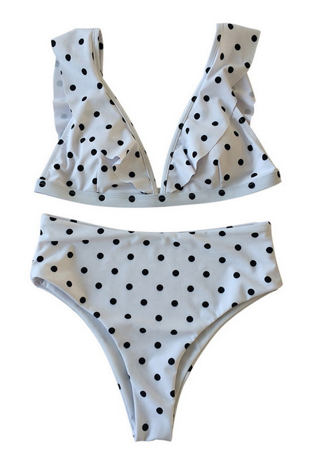 Puantiyeli Yüksek Bel Fırfırlı Bikini