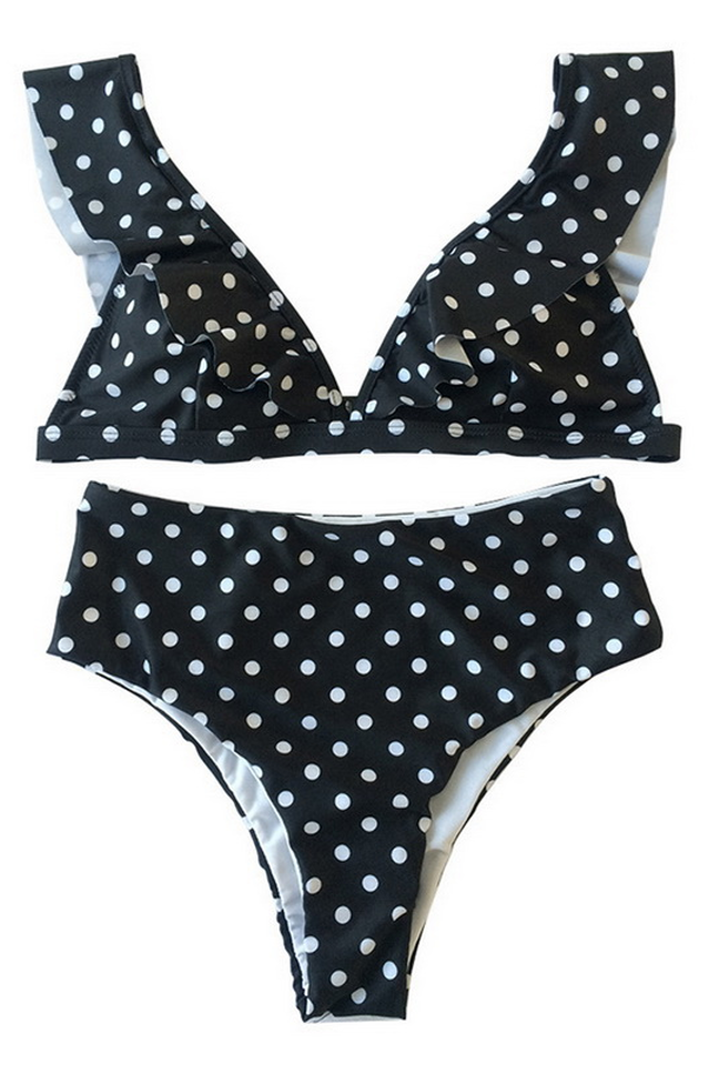 Puantiyeli Yüksek Bel Fırfırlı Bikini