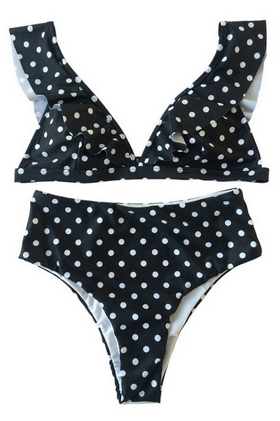 Puantiyeli Yüksek Bel Fırfırlı Bikini