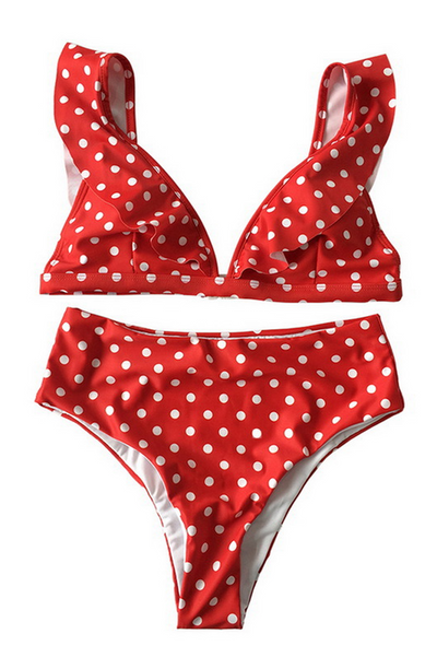 Puantiyeli Yüksek Bel Fırfırlı Bikini