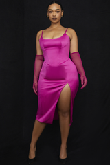 Satin Pleated Corset Midi Elbise