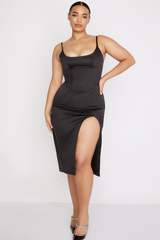 Satin Pleated Corset Midi Elbise
