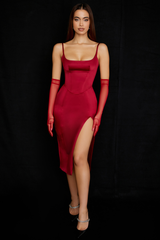 Satin Pleated Corset Midi Elbise