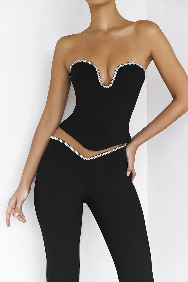 Siyah Kristal Süslemeli Crop