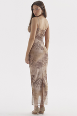 Cream Floral Print Maxi Elbise