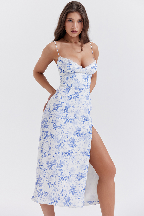 Charlotte Blue Print Corset Midi Elbise