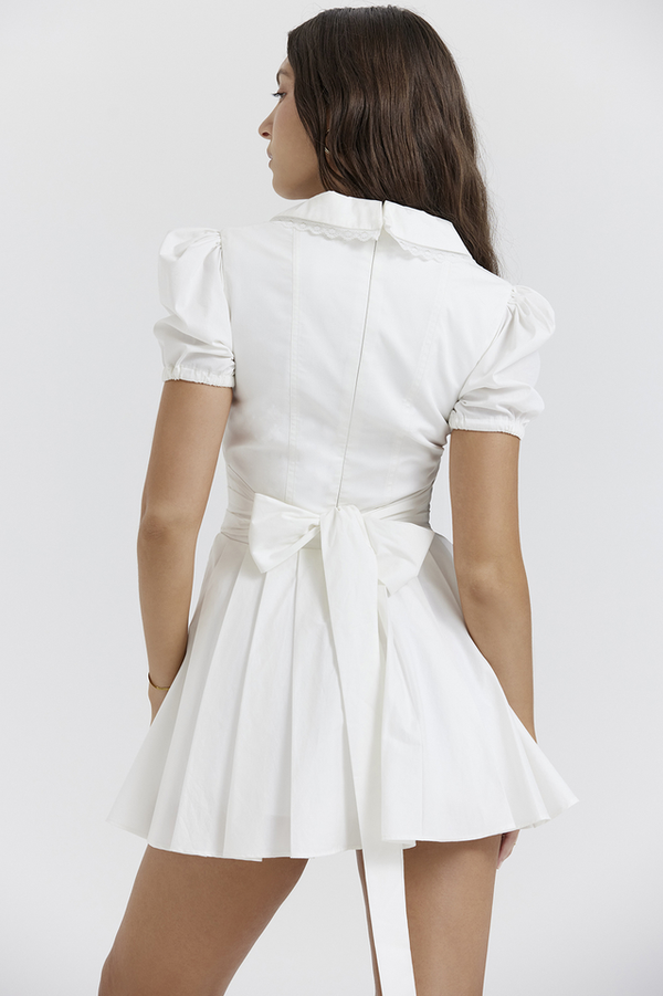 Piera White Pleated Mini Elbise