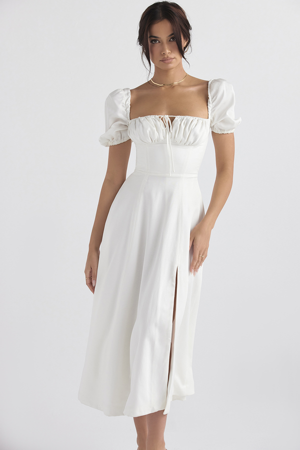 Tallulah White Puff Sleeve Midi Elbise