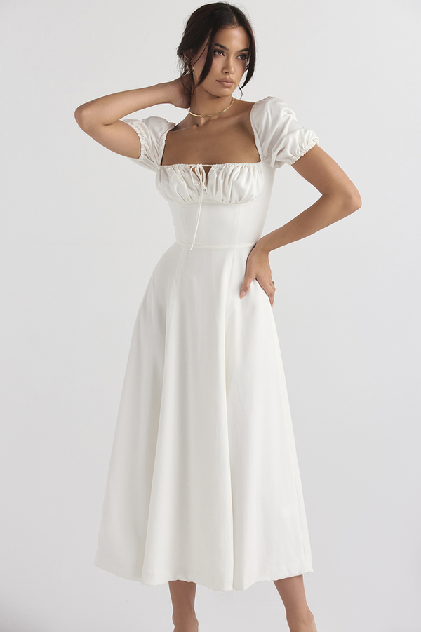 Tallulah White Puff Sleeve Midi Elbise