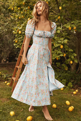 Blue And Pink Vintage Print Midi Elbise