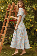 Blue And Pink Vintage Print Midi Elbise