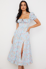 Blue And Pink Vintage Print Midi Elbise