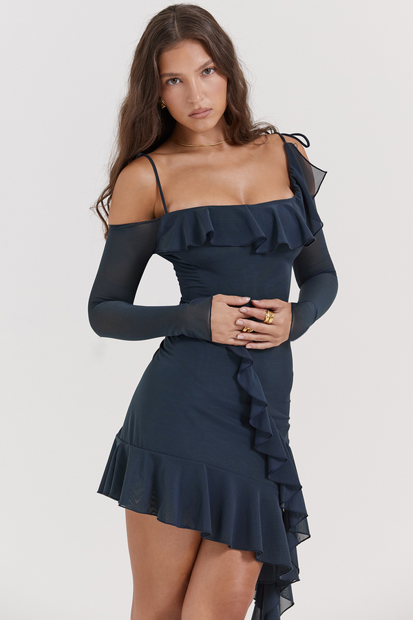 French Navy Ruffle Mini Elbise