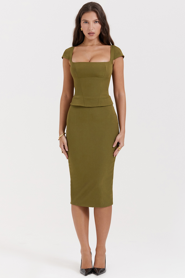 Layana Olive Corset Midi Elbise