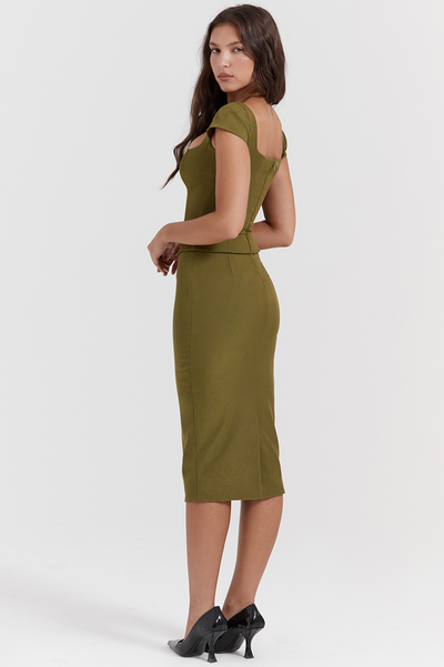 Layana Olive Corset Midi Elbise