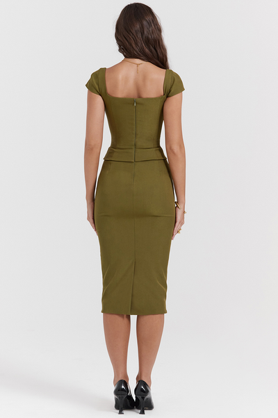 Layana Olive Corset Midi Elbise