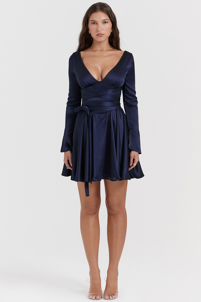 Dominique Navy Plunge Mini Elbise