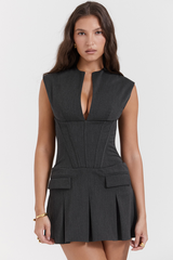 Charcoal Gray Pleated Belted Elbise