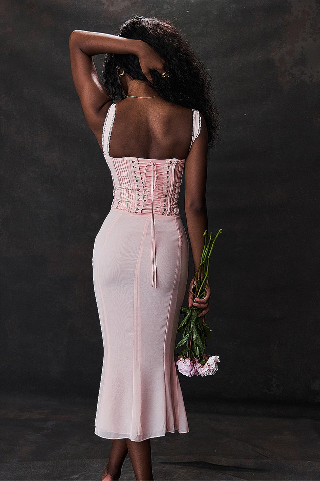 Syrah Soft Peach Strappy Midi Elbise