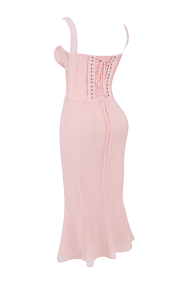 Syrah Soft Peach Strappy Midi Elbise